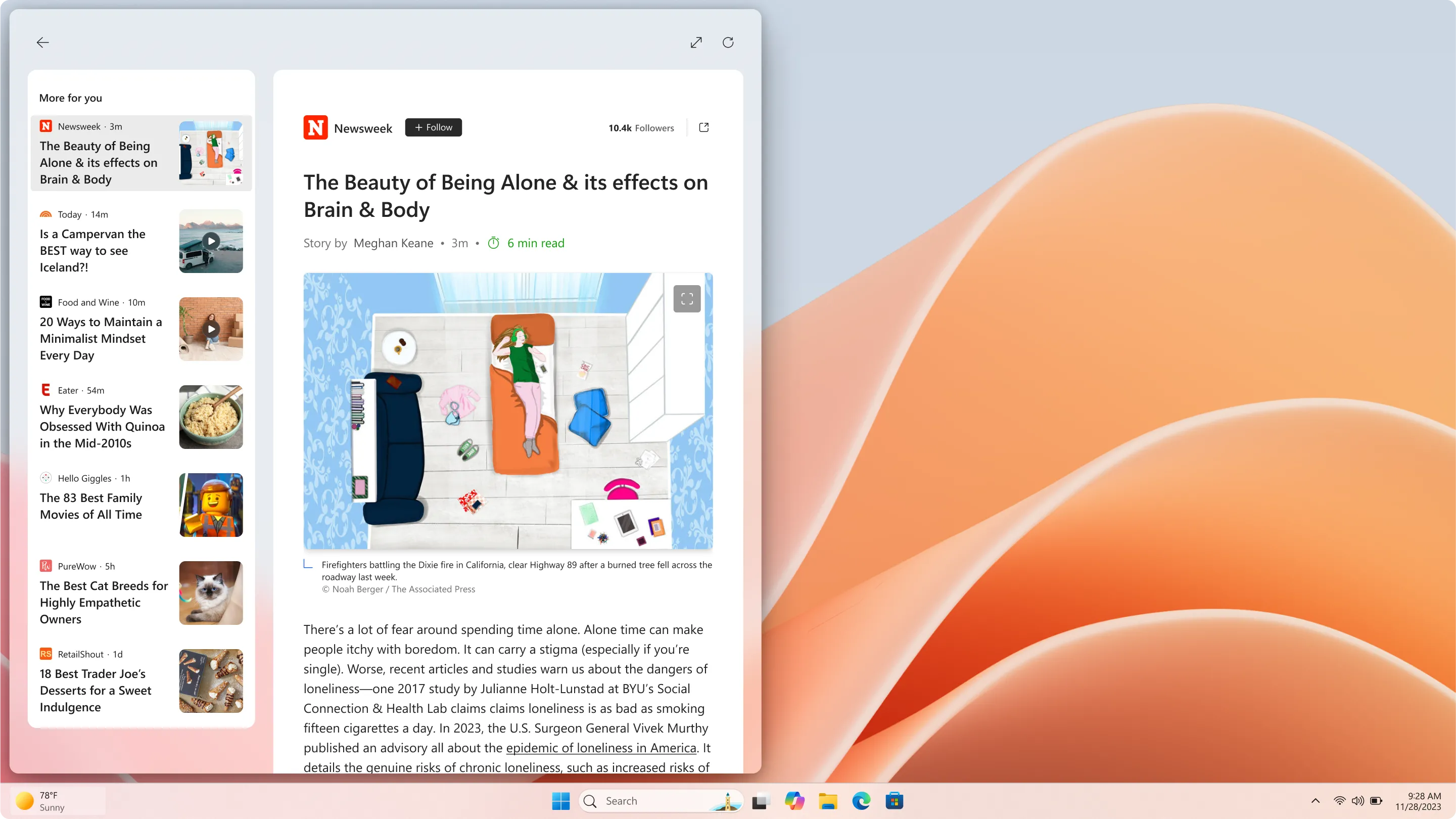 Giao diện Windows 11 Widget hiển thị nguồn cấp tin tức MSN trực tiếp