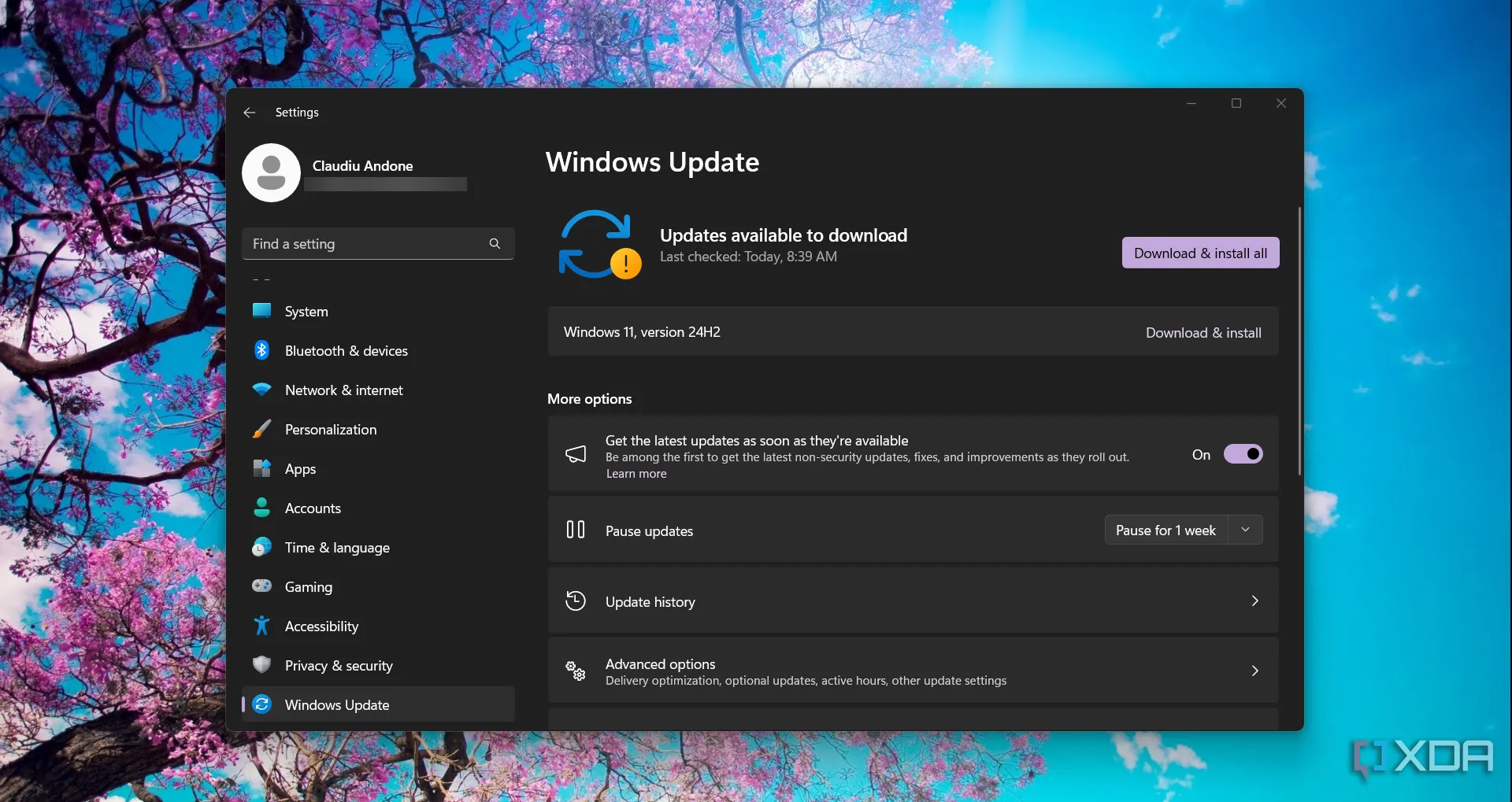 Giao diện Windows Update trong cài đặt Windows 11, nơi hiển thị các thông báo về cập nhật hệ điều hành, bao gồm bản 24H2.