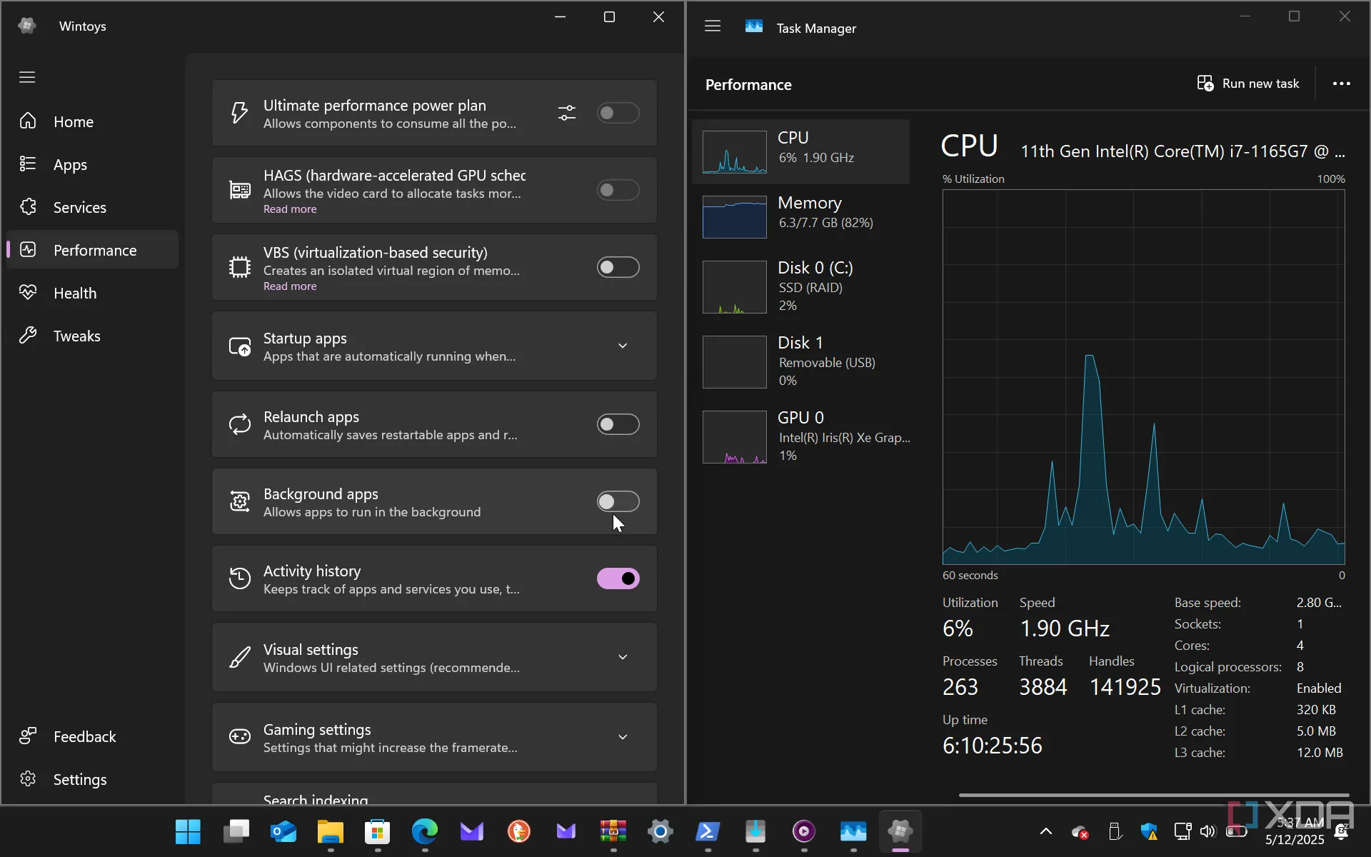 Giao diện Wintoys và Task Manager hiển thị mức tiêu thụ tài nguyên thấp trên Windows 11