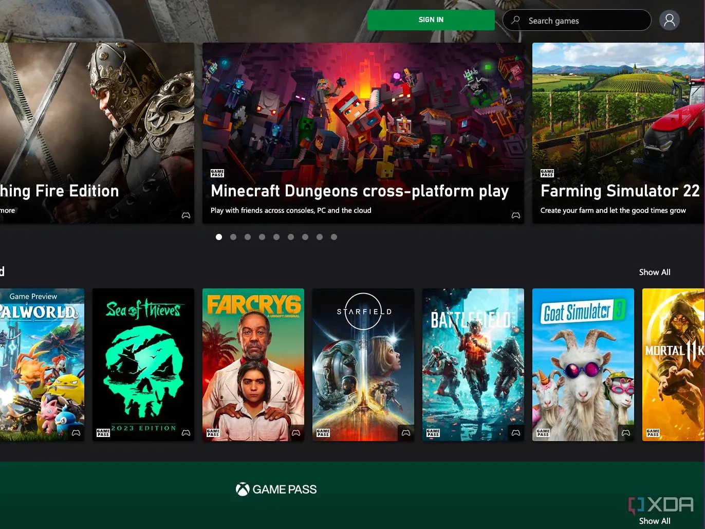 Giao diện Xbox Game Pass trên trình duyệt, thể hiện thư viện trò chơi có sẵn trong dịch vụ đăng ký