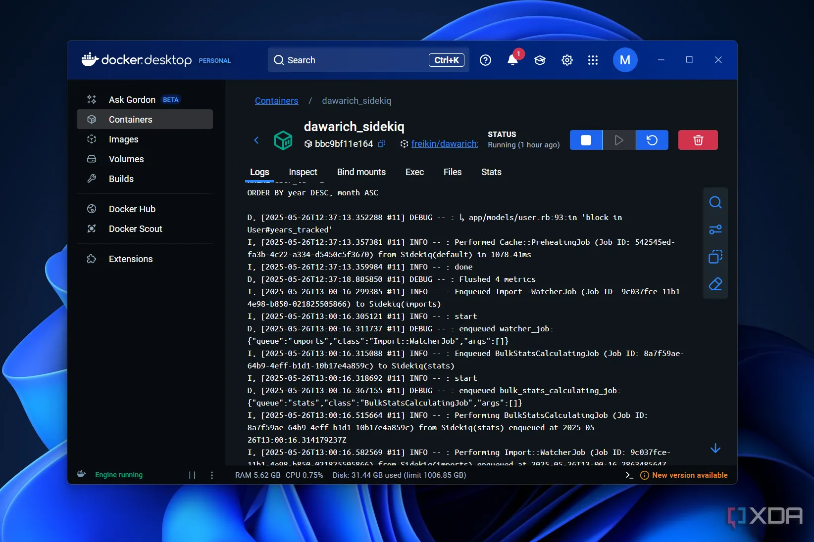 Giao diện xem nhật ký (logs) của một container Docker, hỗ trợ khắc phục sự cố hiệu quả