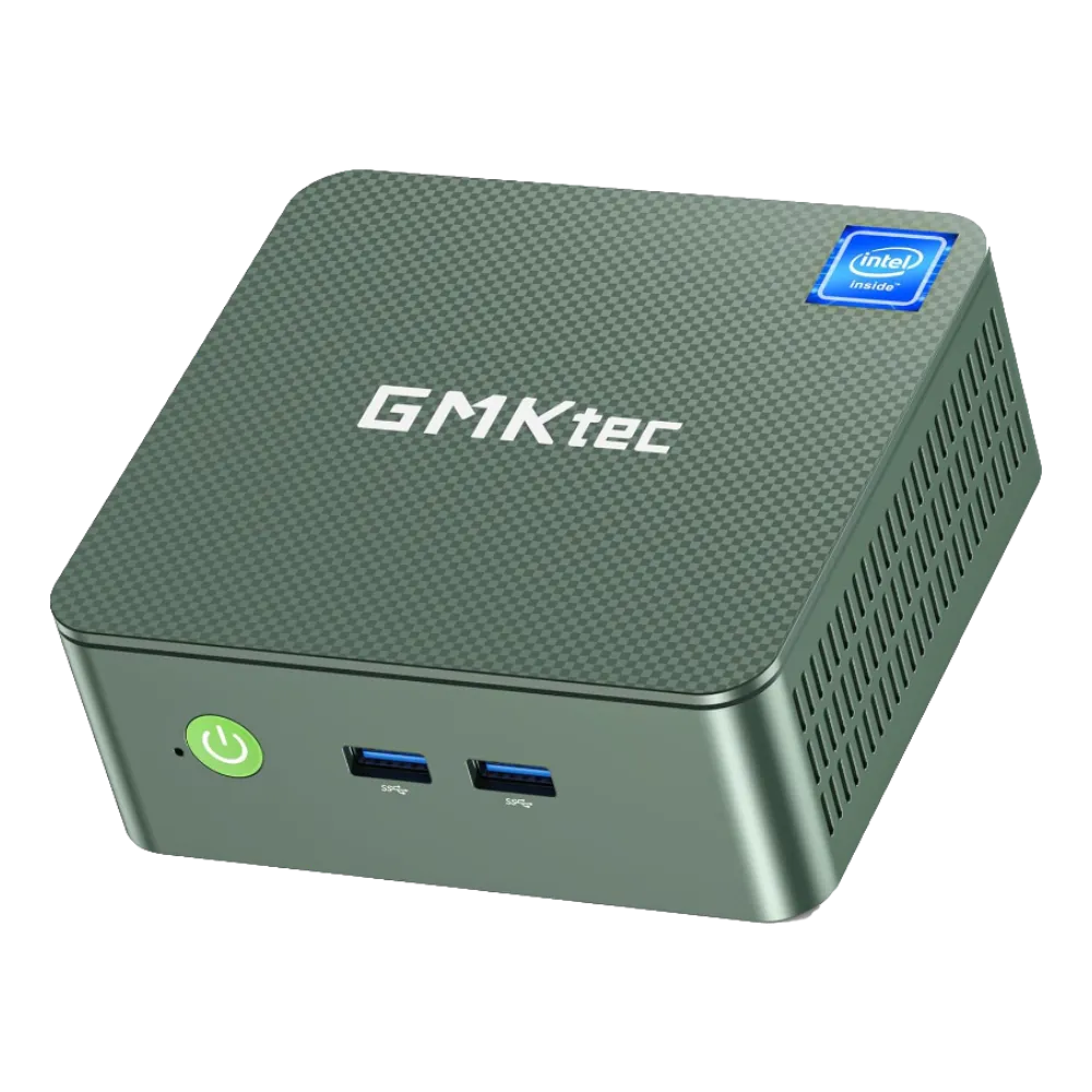 GMKtec Mini PC nhỏ gọn với vỏ màu đen, đặt trên bàn làm việc hiện đại, thể hiện thiết kế tiết kiệm không gian.