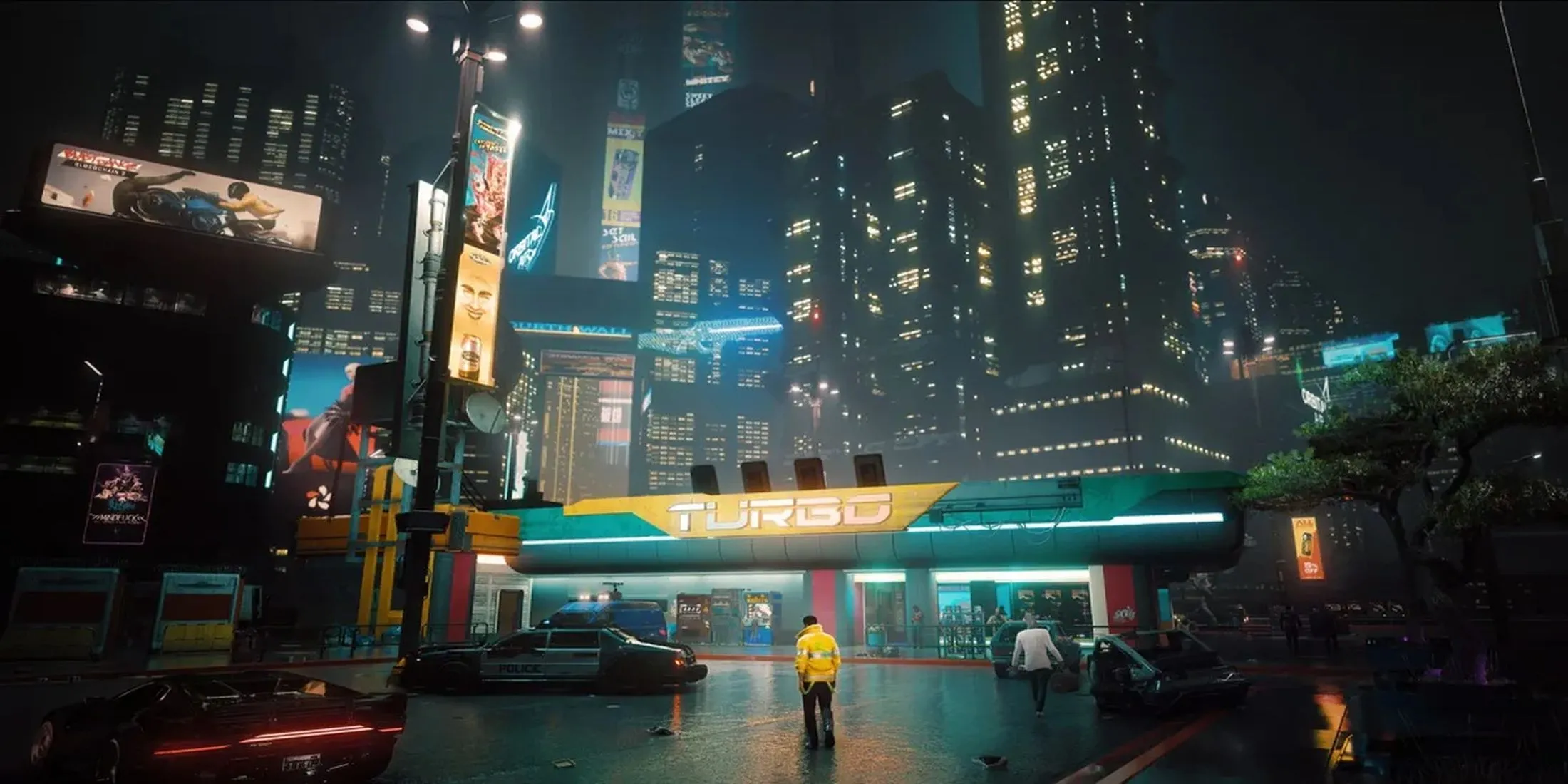 Góc đường phố nhộn nhịp của Night City với các bảng hiệu quảng cáo neon trong Cyberpunk 2077