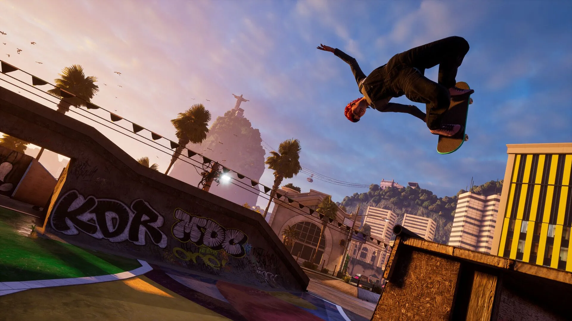 Góc nhìn cận cảnh nhân vật trượt ván đang thực hiện động tác grind trên thanh kim loại trong Tony Hawk's Pro Skater 3+4