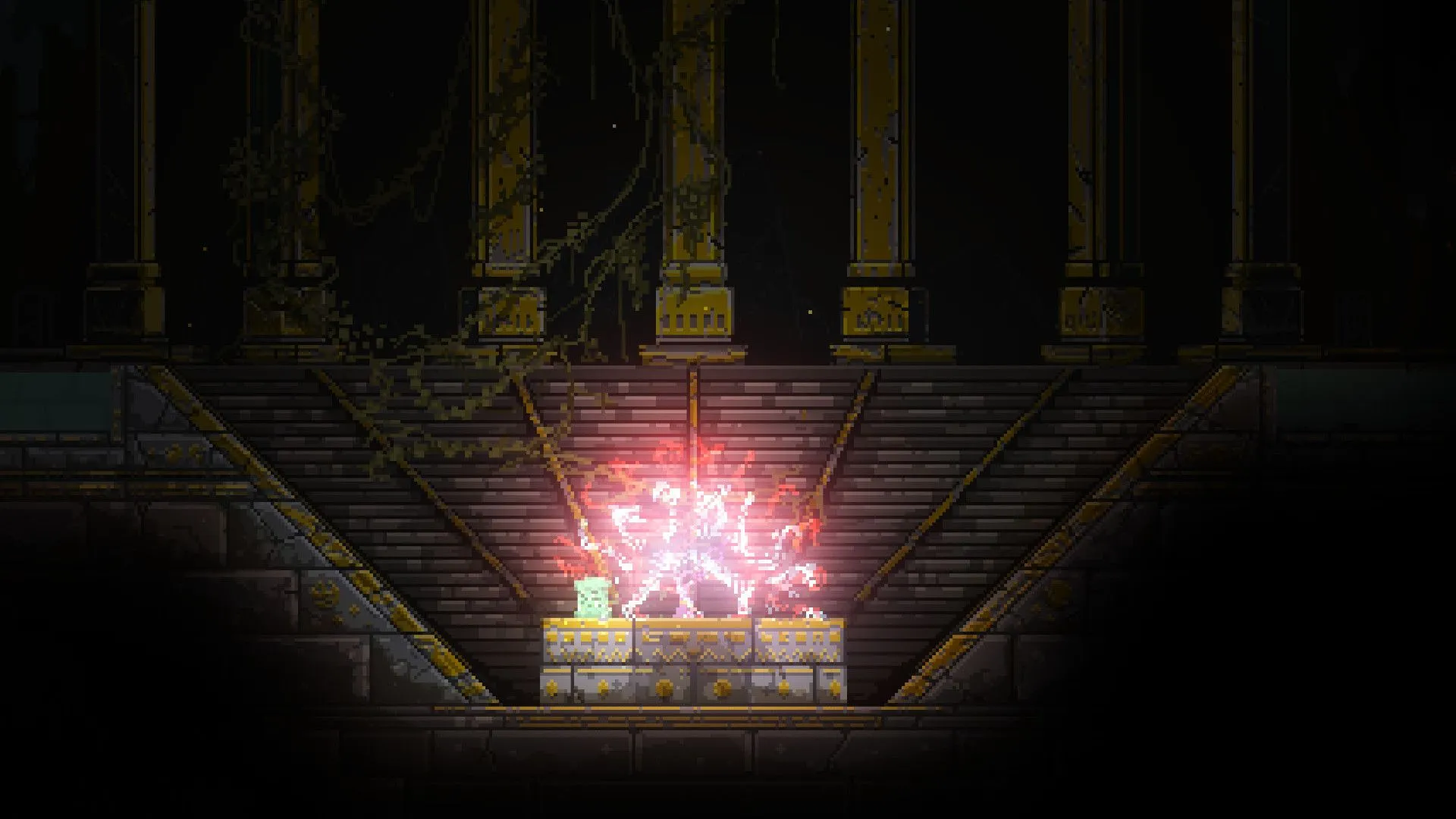 Góc nhìn gameplay đầy thử thách từ Noita, một game phiêu lưu hành động roguelike với hiệu ứng vật lý phức tạp.