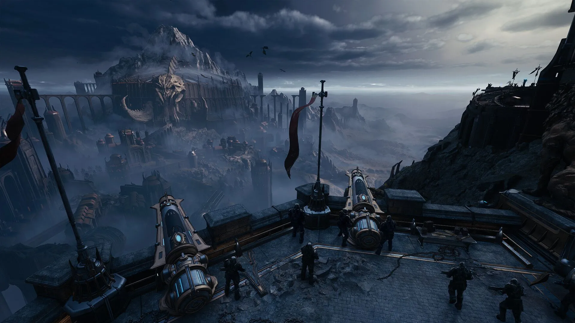 Góc nhìn từ trên cao của Doom Slayer cưỡi rồng trong một phân đoạn chiến đấu của Doom: The Dark Ages