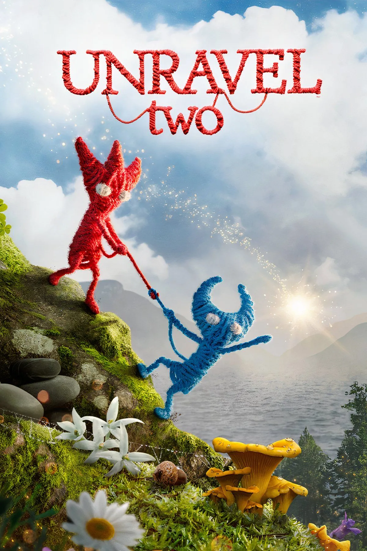 Hai búp bê sợi Yarny đỏ và xanh kết nối với nhau bằng sợi chỉ trong Unravel Two, biểu tượng cho sự gắn kết và hợp tác trong cuộc phiêu lưu giải đố platformer.