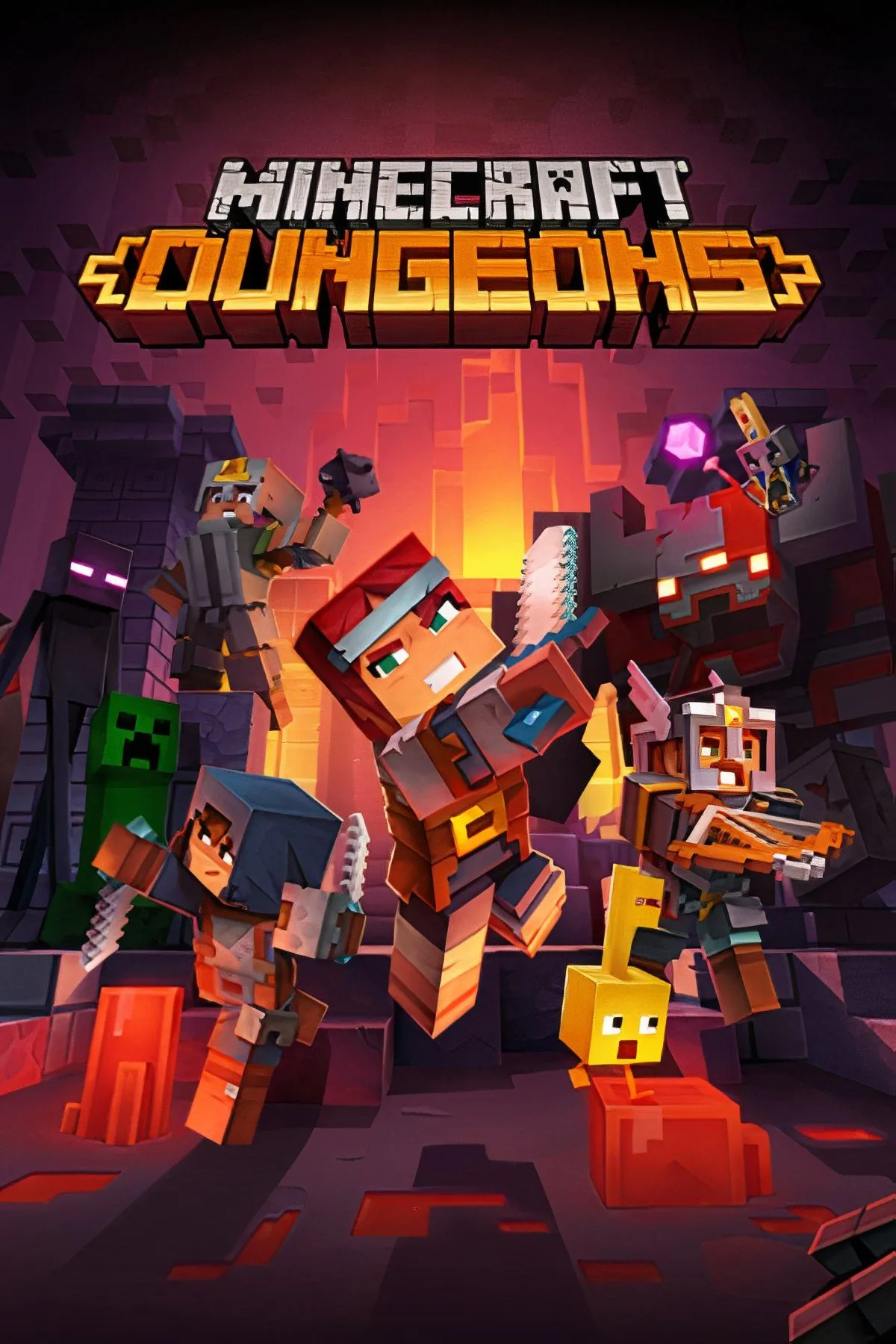 Hai nhân vật đang chiến đấu với quái vật hình khối trong hầm ngục của Minecraft Dungeons, thể hiện lối chơi hành động chặt chém và khám phá trong game.
