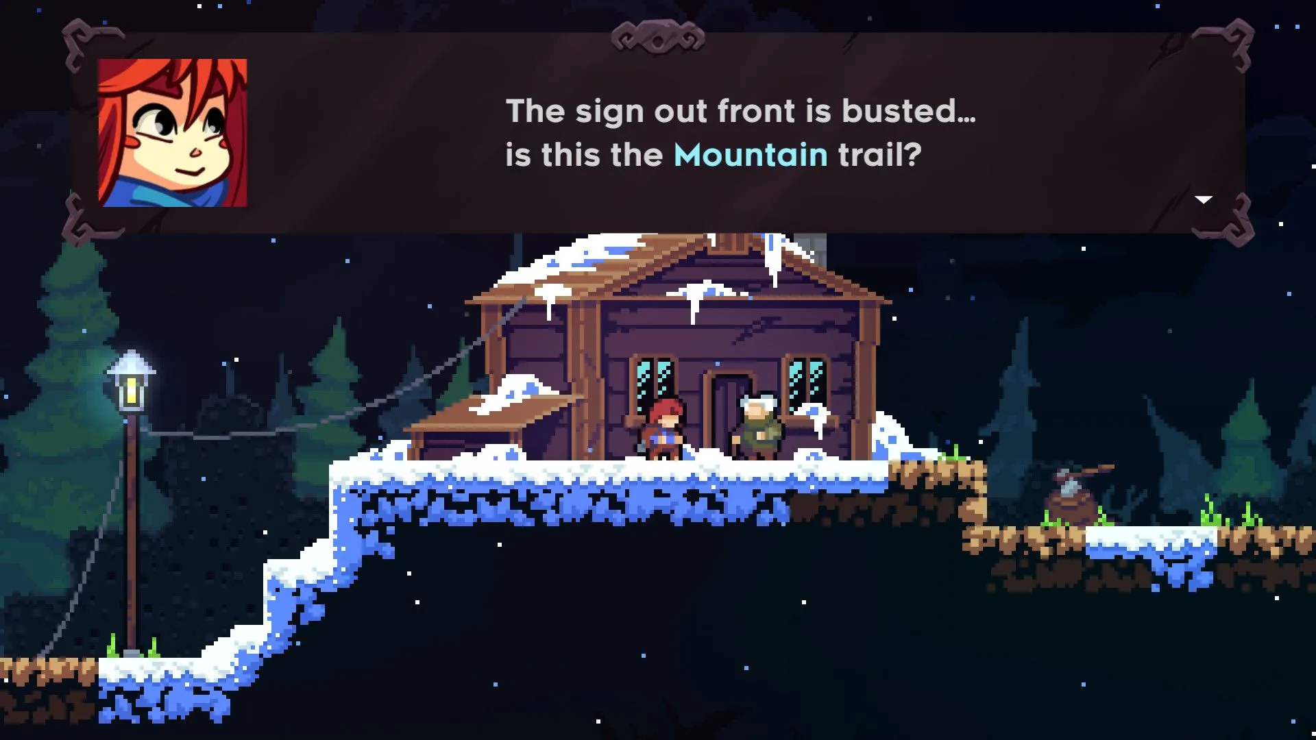 Hai nhân vật trò chuyện bên trong căn nhà gỗ giữa khung cảnh tuyết trắng trong game Celeste