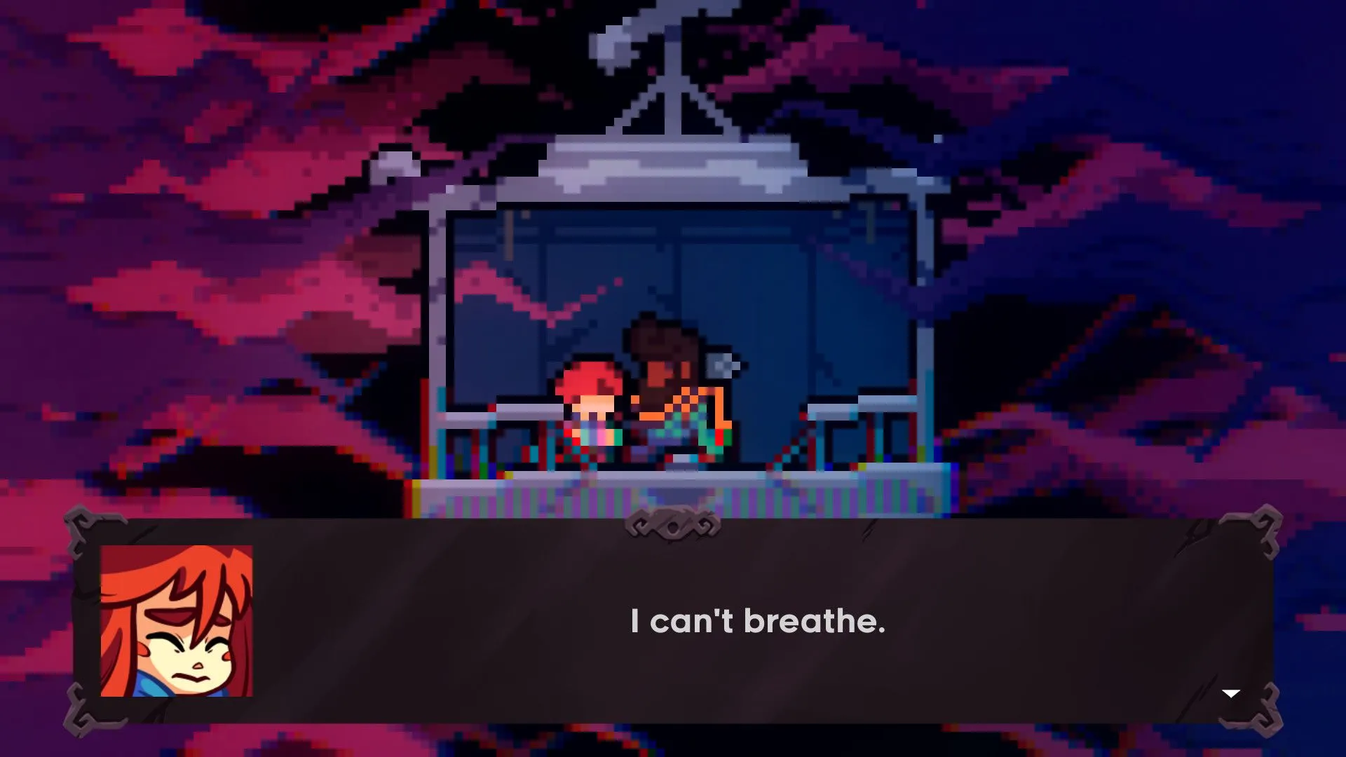 Hai nhân vật trong cabin cáp treo đang trò chuyện, với lời thoại hiển thị trong game Celeste