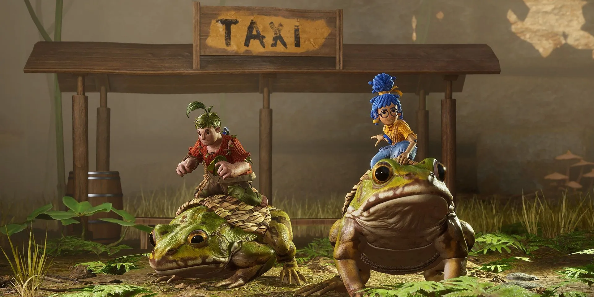 Hai nhân vật trong game co-op It Takes Two, tương tác với môi trường và giải đố trong một cảnh đầy màu sắc.