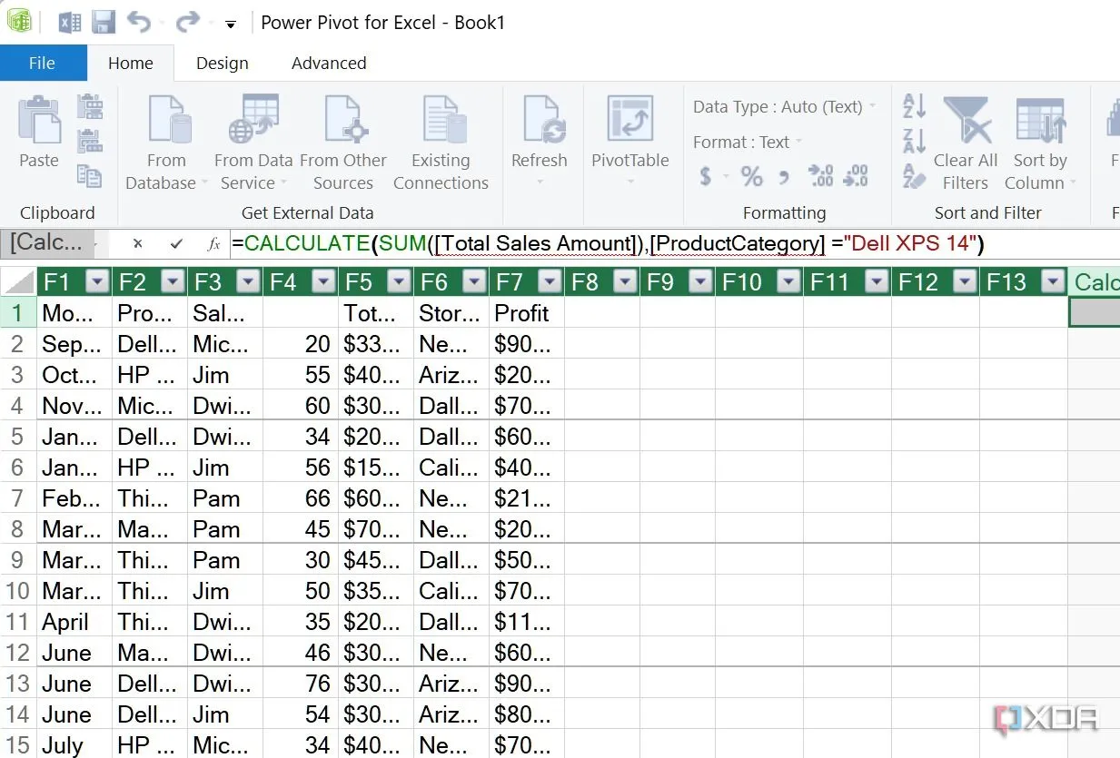 Hàm DAX đang hoạt động trong Excel, minh họa khả năng thao tác và xử lý dữ liệu phức tạp