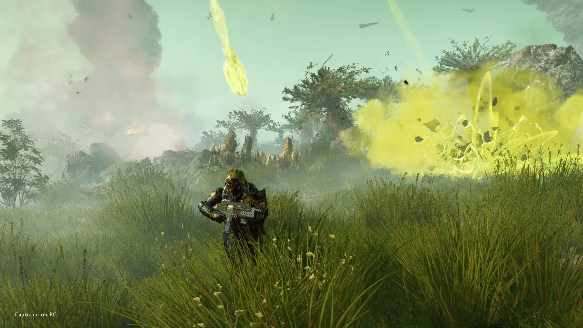 Helldivers 2 binh sĩ chạy trên cánh đồng cỏ xanh