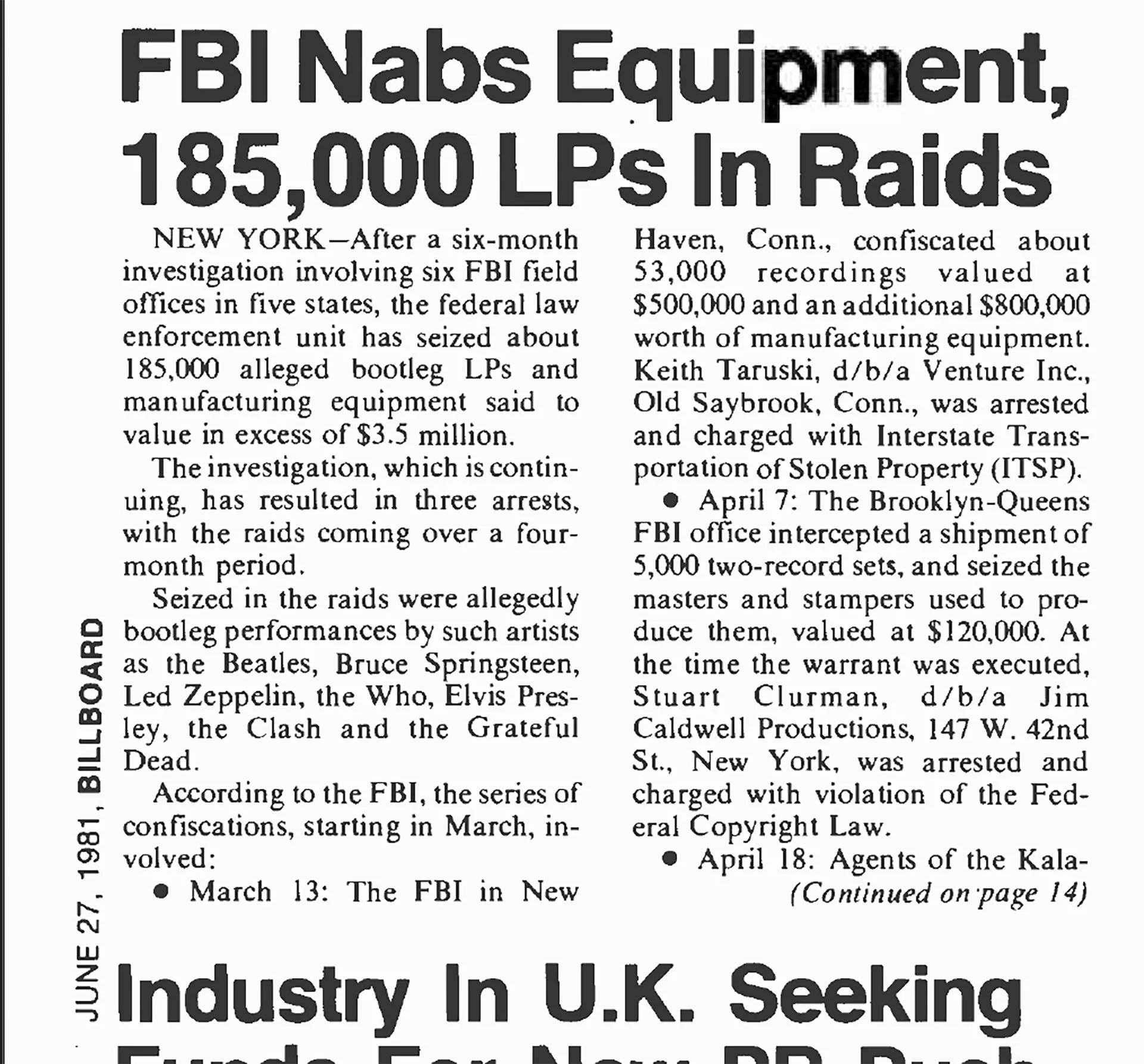 Hình ảnh bài báo Billboard Magazine ngày 27/06/1981 ghi lại cuộc đột kích của FBI liên quan đến Keith Taruski