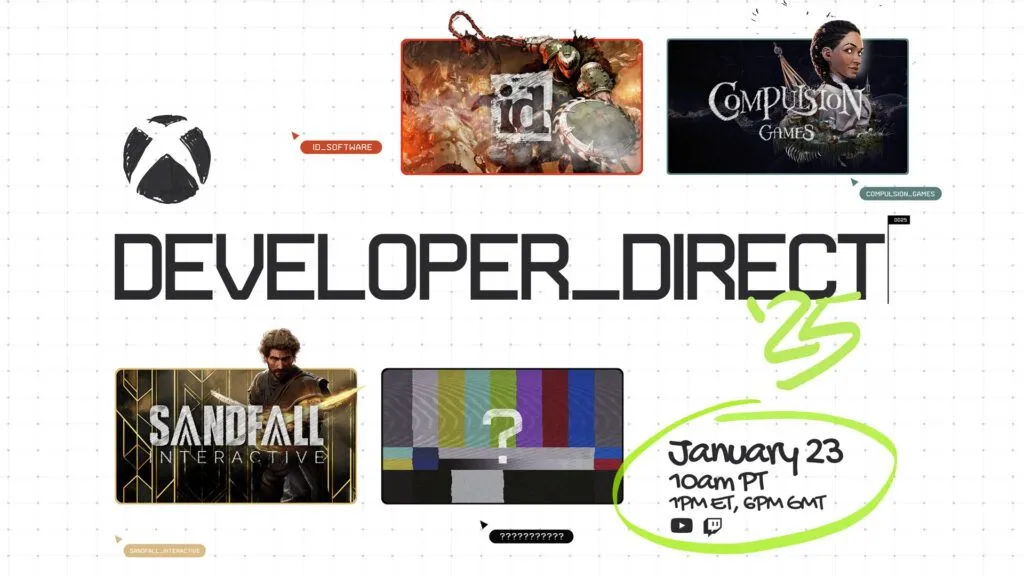 Hình ảnh banner quảng bá sự kiện Xbox Developer_Direct 2025 với ba tựa game chính và ngày diễn ra