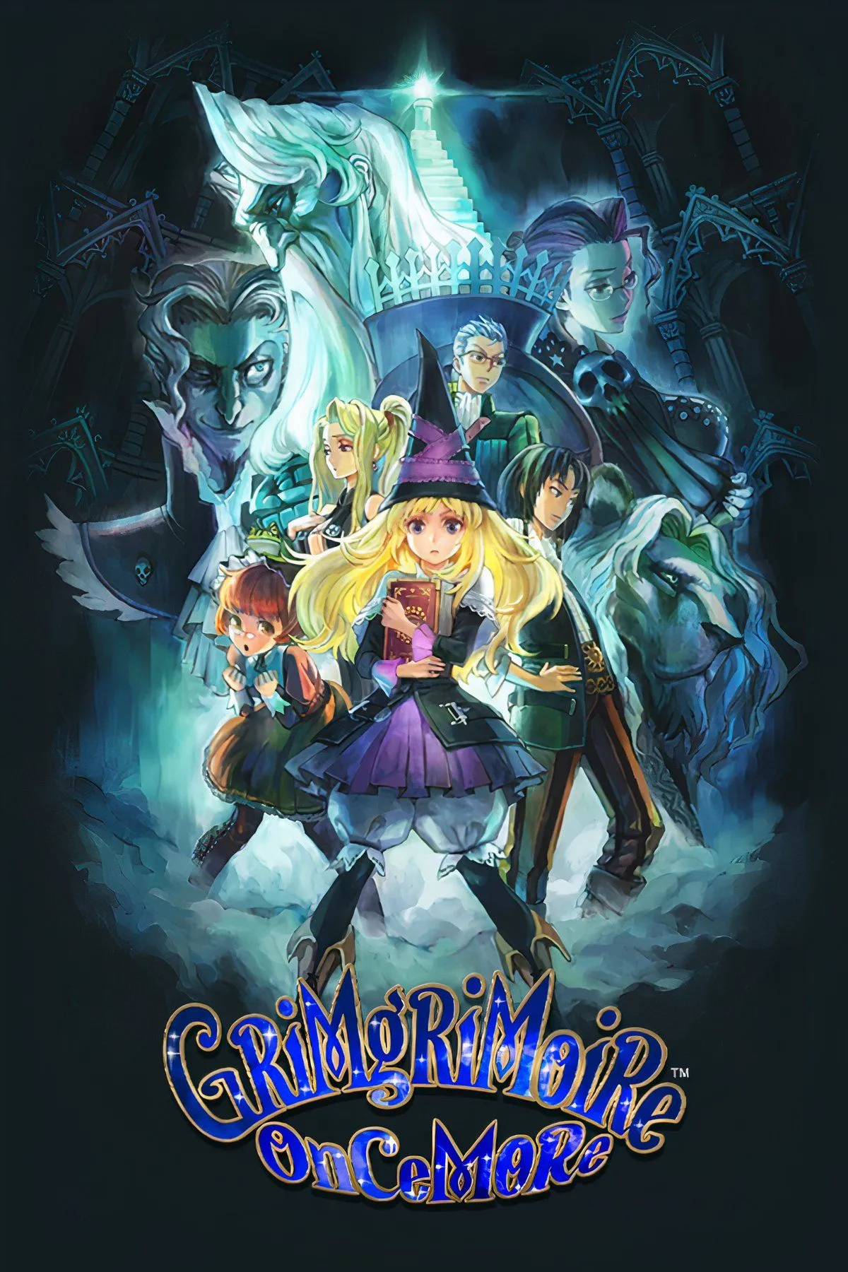 Hình ảnh bìa game GrimGrimoire OnceMore theo phong cách hoạt hình 2D độc đáo của Vanillaware, hiển thị các nhân vật và sinh vật huyền ảo