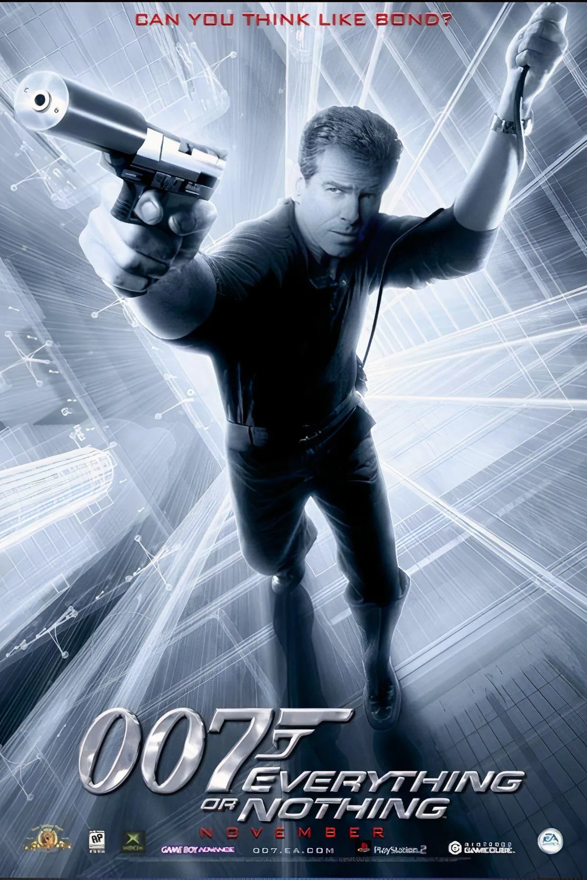 Hình ảnh bìa game James Bond 007: Everything or Nothing, thể hiện Pierce Brosnan trong vai Bond, một tựa game hành động phiêu lưu đỉnh cao trên PlayStation 2.
