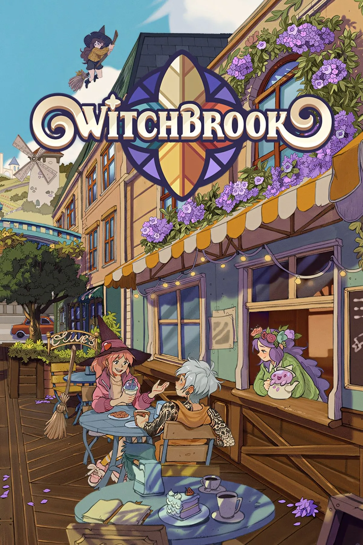 Hình ảnh bìa game Witchbrook với học viện phép thuật và yếu tố ma thuật