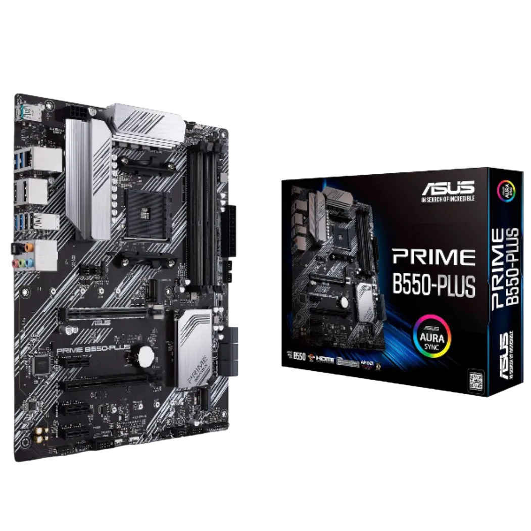 Hình ảnh bo mạch chủ ASUS Prime B550-PLUS nhìn từ trên xuống với các thành phần chính