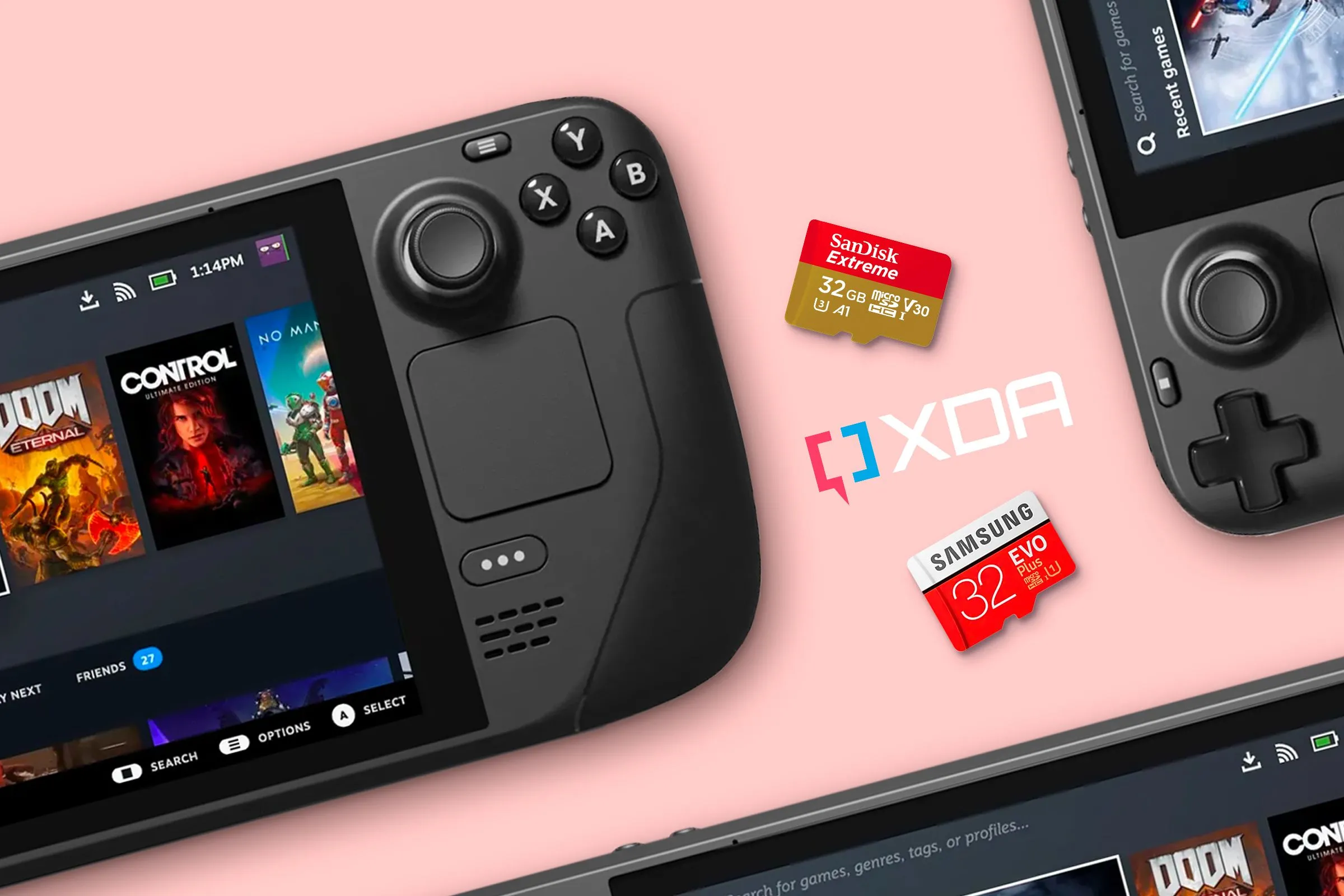 Hình ảnh chiếc Steam Deck cùng các thẻ nhớ microSD, minh họa khả năng mở rộng trải nghiệm game thông qua nền tảng Steam Workshop
