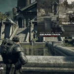 Hình ảnh chiến binh Marcus Fenix từ Gears of War Reloaded trong cảnh chiến đấu, minh họa đồ họa 4K HDR của phiên bản làm lại trên PlayStation 5 và PC.