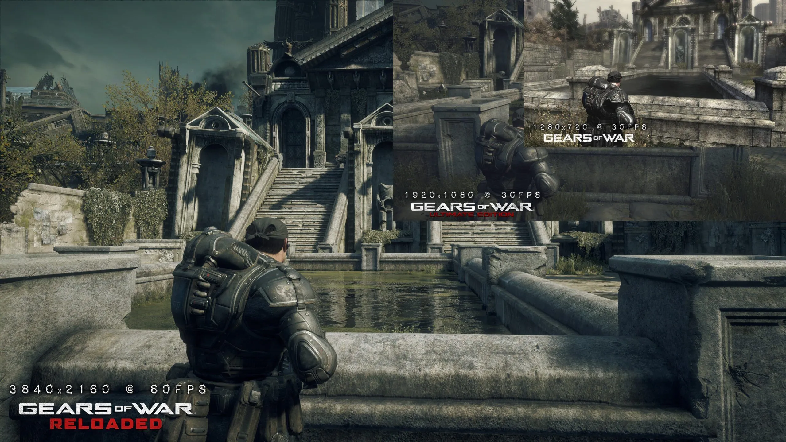 Hình ảnh chiến binh Marcus Fenix từ Gears of War Reloaded trong cảnh chiến đấu, minh họa đồ họa 4K HDR của phiên bản làm lại trên PlayStation 5 và PC.