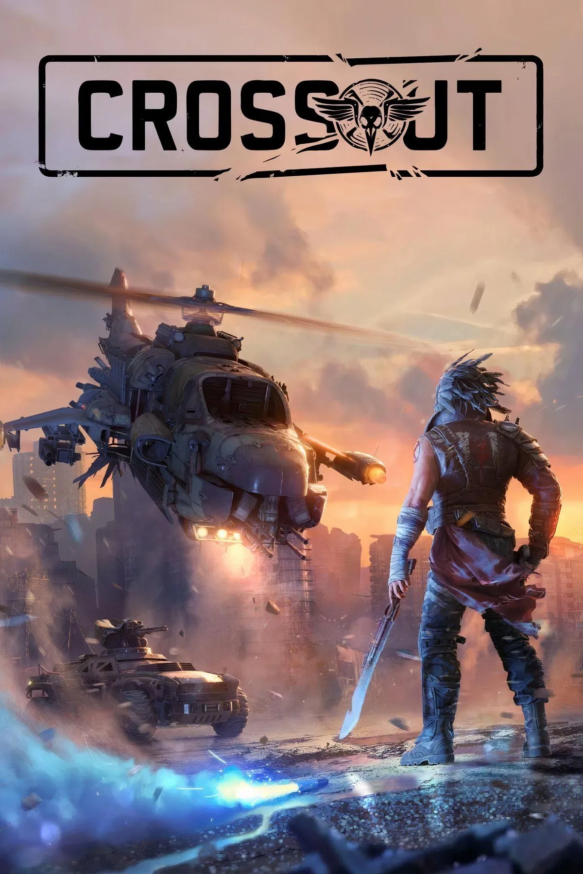 Hình ảnh đồ họa trong game Crossout, thể hiện một chiếc xe chiến đấu được tùy chỉnh độc đáo, với nhiều bộ phận cơ khí và vũ khí gắn trên thân xe.
