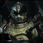 Hình ảnh Doom Slayer điều khiển cỗ máy Atlan Mech trong game Doom: The Dark Ages, minh họa chất lượng đồ họa được tối ưu.