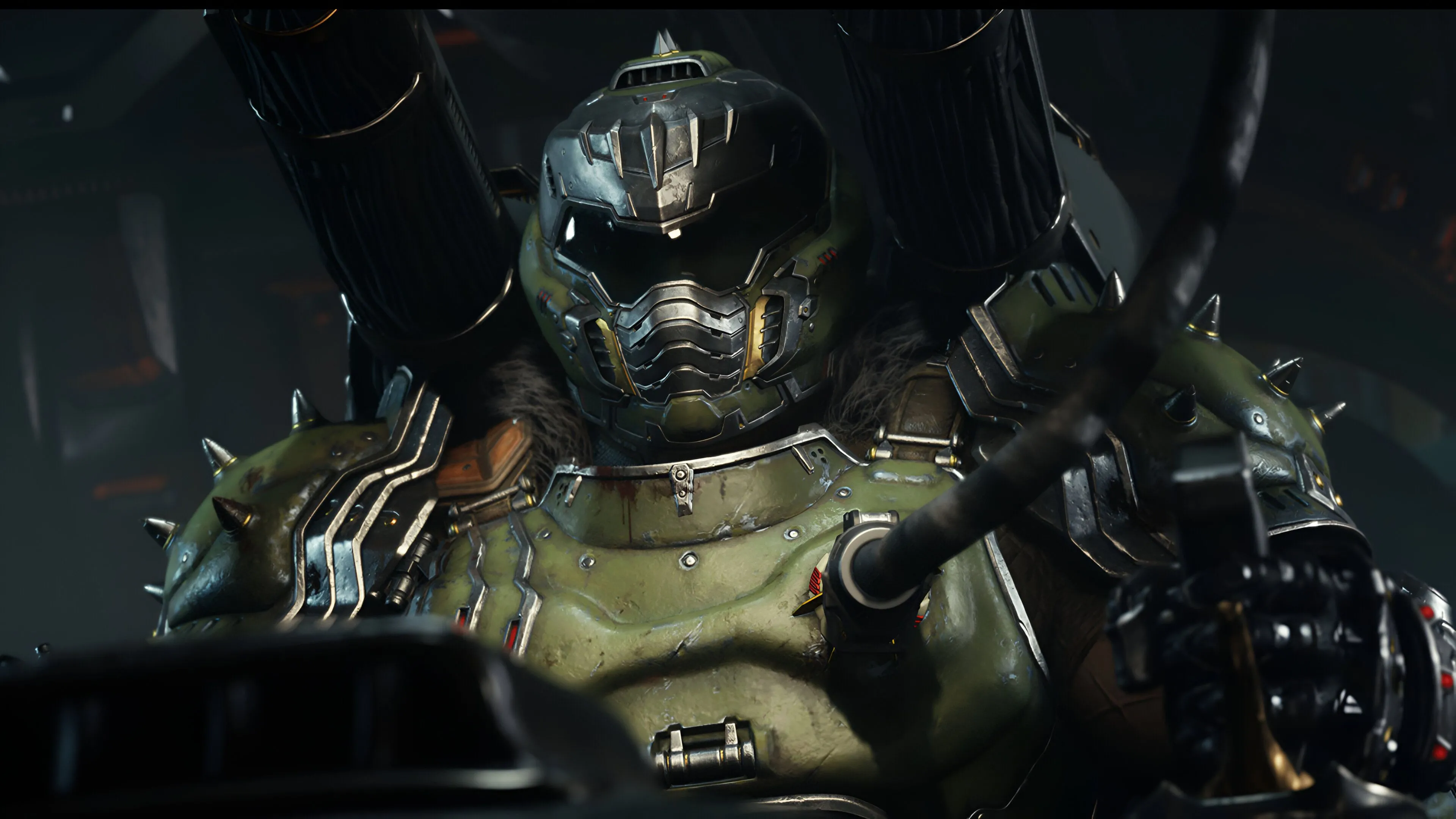 Hình ảnh Doom Slayer điều khiển cỗ máy Atlan Mech trong game Doom: The Dark Ages, minh họa chất lượng đồ họa được tối ưu.