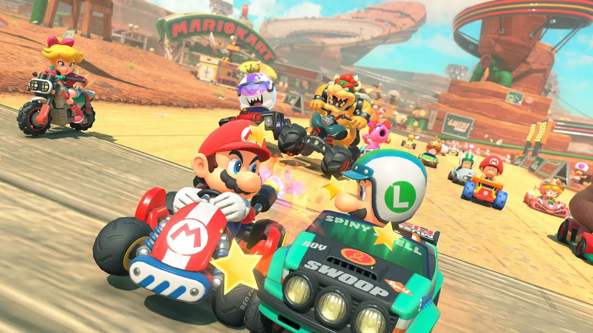 Hình ảnh gameplay Mario Kart World, cho thấy môi trường game sống động và đồ họa bắt mắt.