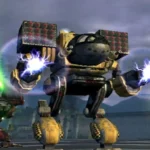 Hình ảnh hai robot mech khổng lồ đang giao tranh và khai hỏa vũ khí trong game MechAssault trên Xbox đời đầu