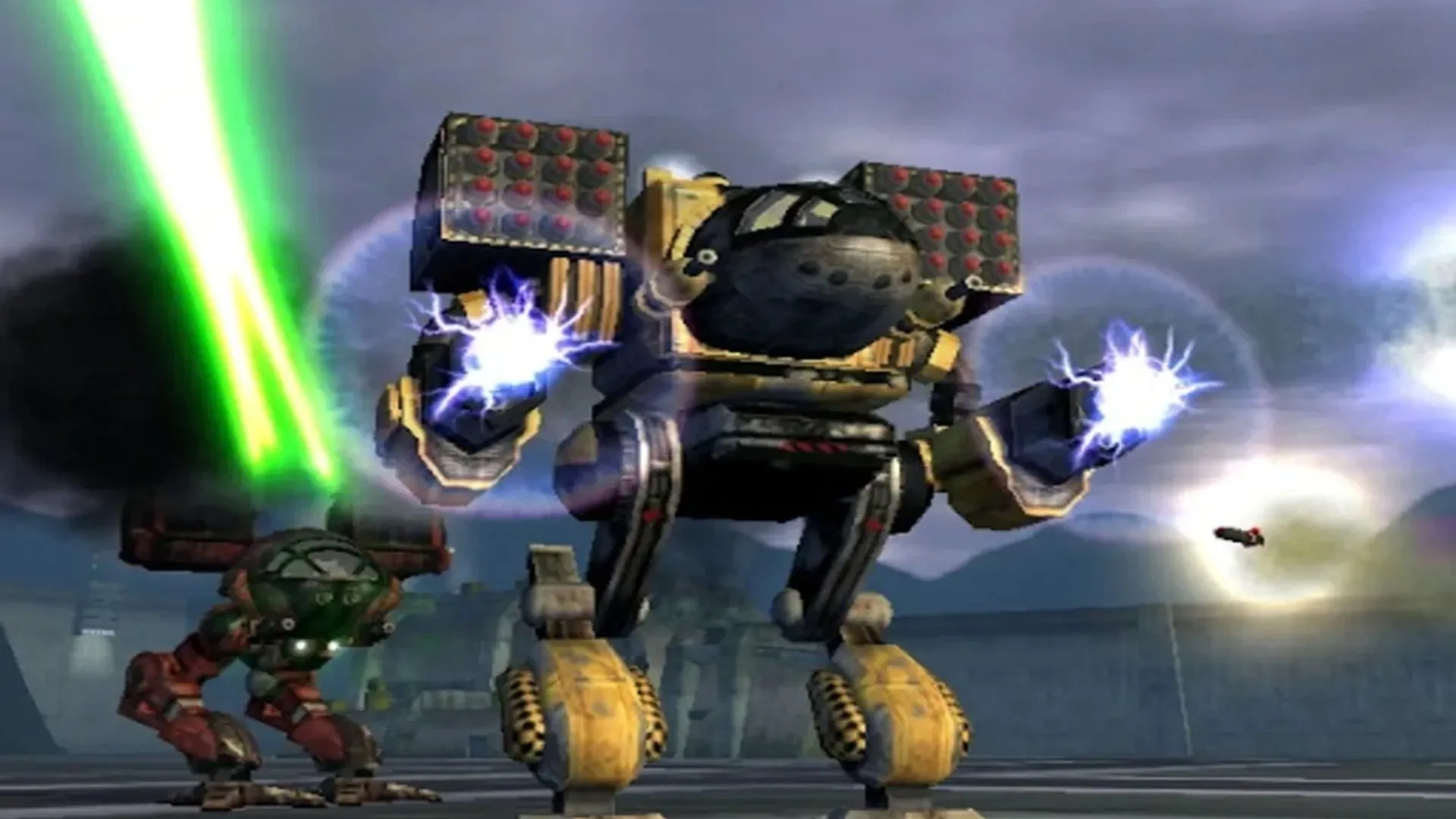 Hình ảnh hai robot mech khổng lồ đang giao tranh và khai hỏa vũ khí trong game MechAssault trên Xbox đời đầu