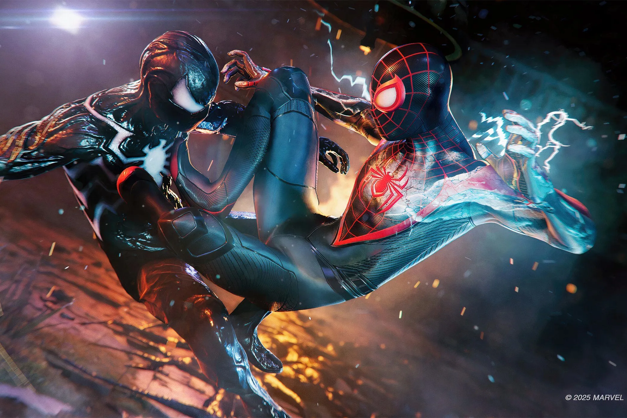 Hình ảnh hai Spider-Man, Miles Morales và Peter Parker, chiến đấu trong game Marvel's Spider-Man 2