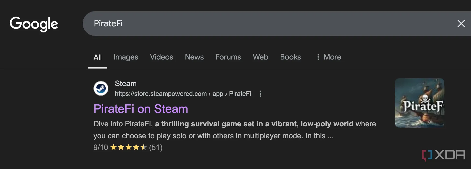 Hình ảnh kết quả tìm kiếm Google cho game PirateFi trên Steam, hiện đã bị gỡ bỏ vì chứa mã độc.