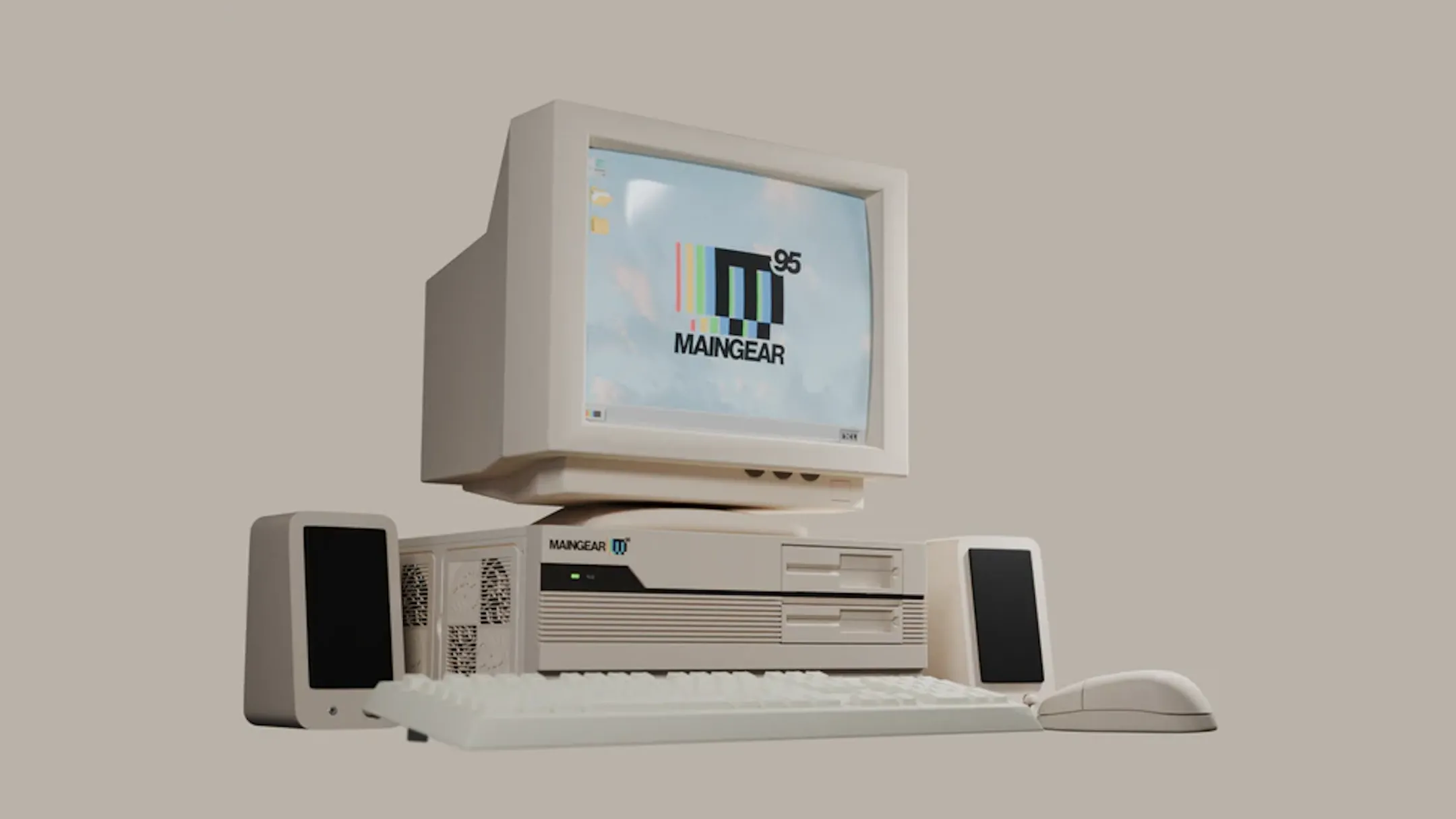 Hình ảnh máy tính Maingear Retro95 màu be, thiết kế PC cổ điển với các linh kiện hiện đại bên trong.