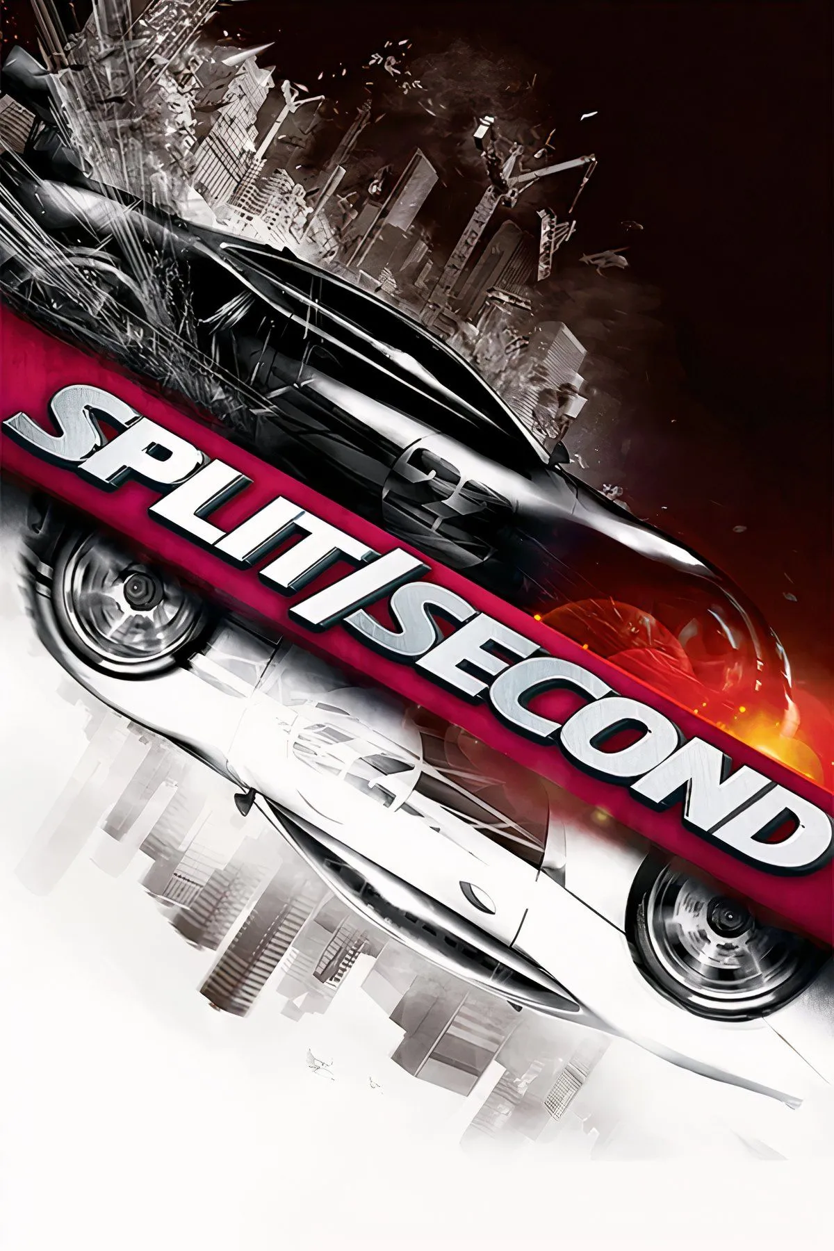 Hình ảnh mô tả một cảnh hành động mãn nhãn trong game Split/Second, với một chiếc xe đua đang né tránh những vụ nổ và mảnh vỡ từ một tòa nhà lớn đang đổ sập trên đường.