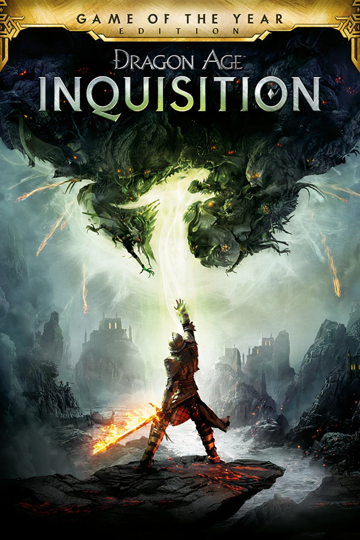 Hình ảnh một cảnh hành động trong game Dragon Age: Inquisition, với các nhân vật sử dụng phép thuật và kỹ năng trong trận chiến.
