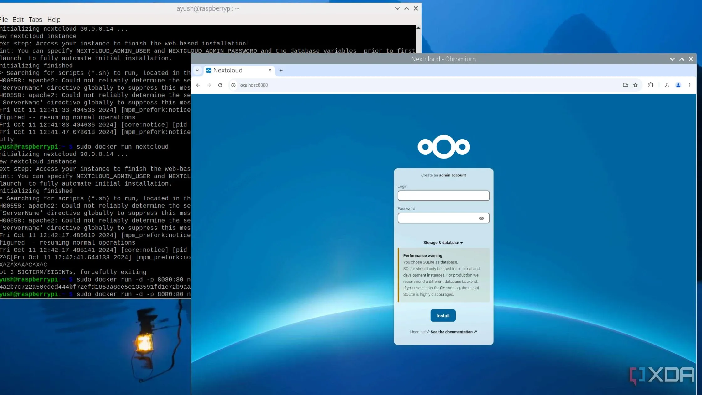 Hình ảnh một container Nextcloud đang chạy trên bo mạch Raspberry Pi, minh họa cách tự host server hiệu quả.