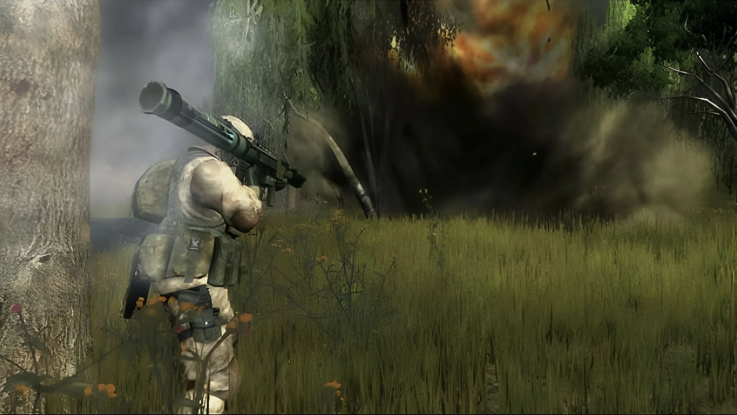 Hình ảnh một người lính trang bị súng chống tăng bazooka trong Battlefield 2: Modern Combat, minh họa khí tài quân sự trong game.