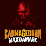 Hình ảnh một vụ va chạm nảy lửa giữa các phương tiện trong game Carmageddon Max Damage, với khói lửa và mảnh vỡ bay khắp nơi.