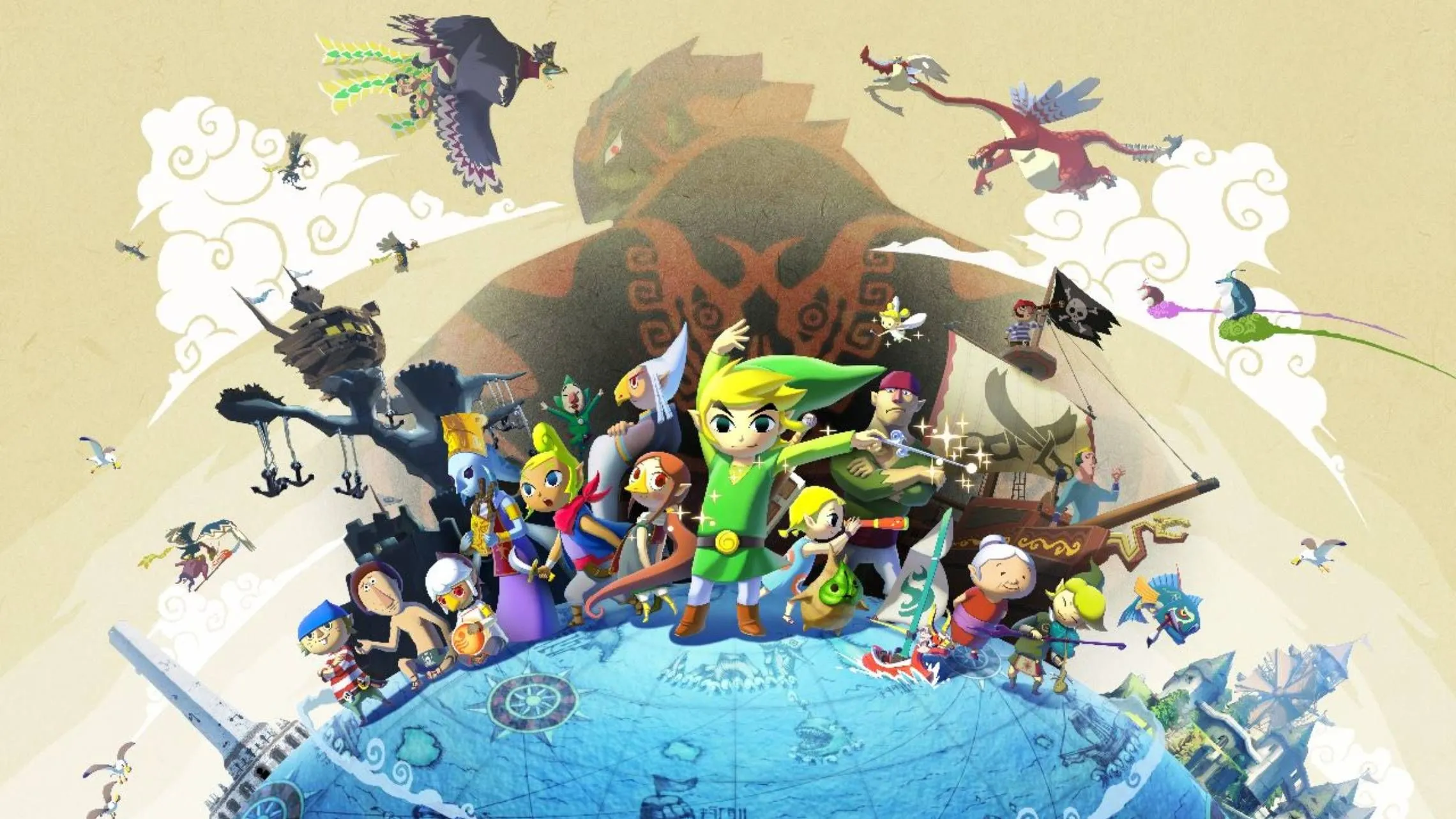 Hình ảnh nghệ thuật chính thức của Link và các nhân vật từ The Legend of Zelda The Wind Waker, tựa game có các glitch được tối ưu hóa trên Nintendo Switch 2.