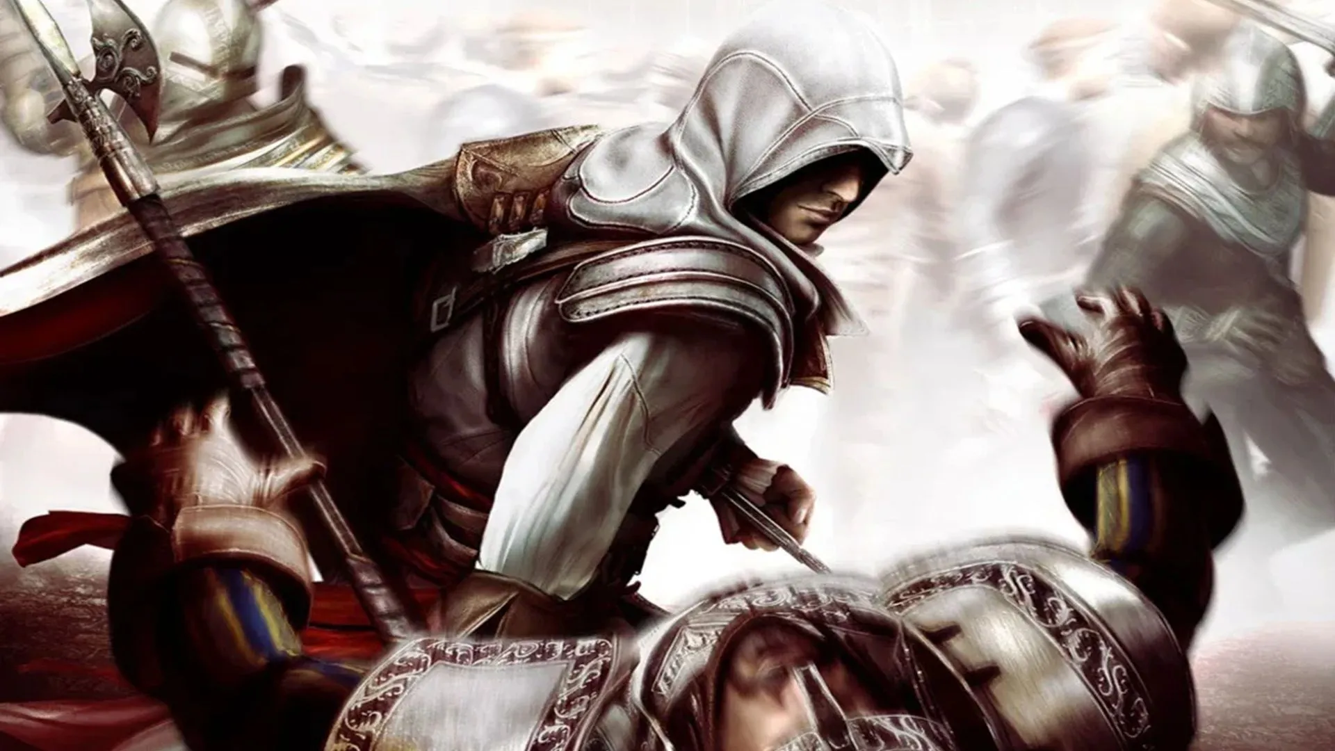 Hình ảnh quảng bá series game Assassin's Creed, thể hiện sự tương tác với các nhân vật lịch sử nổi tiếng.