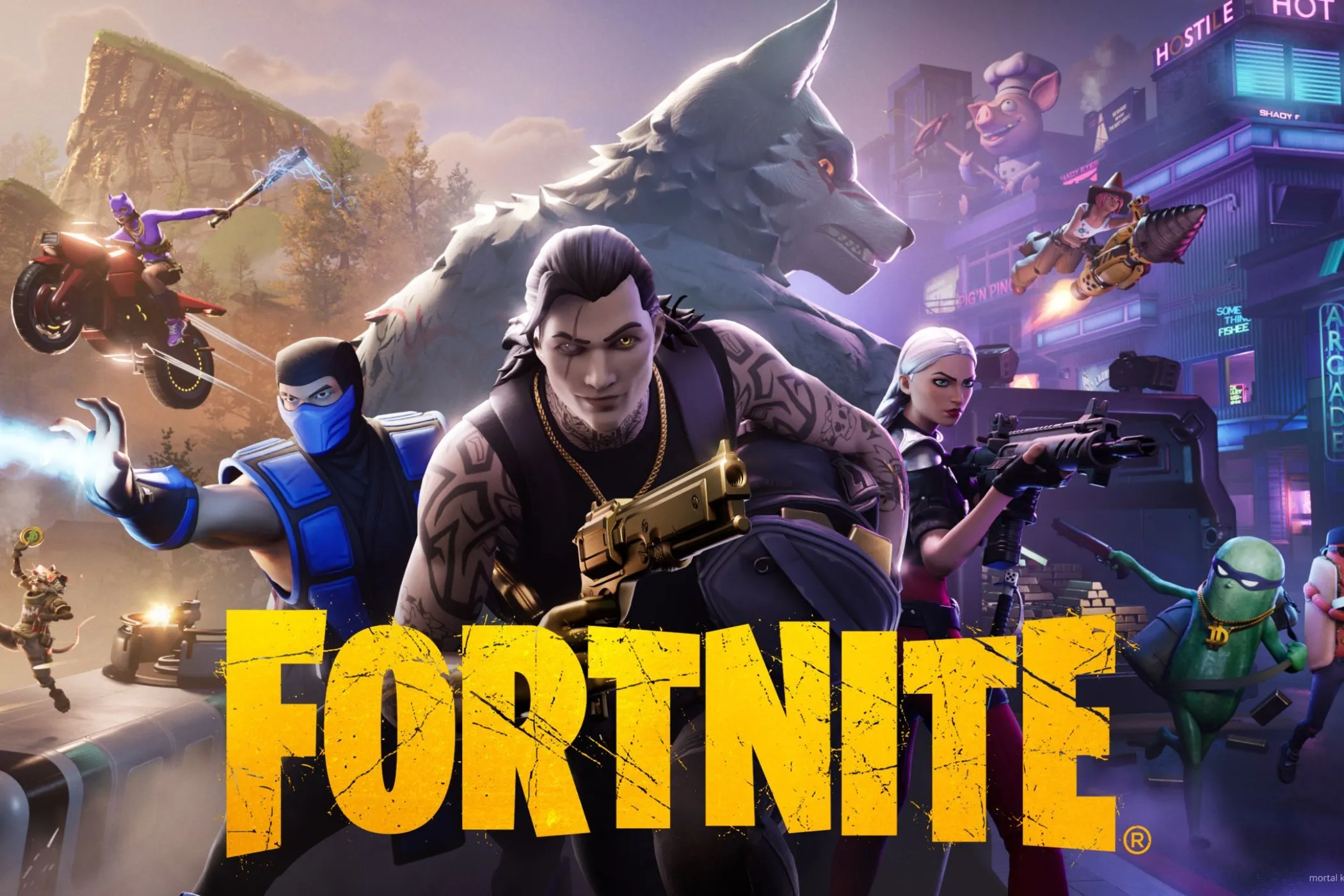 Hình ảnh quảng cáo game Fortnite với nhân vật và chó sói, tựa game Battle Royale đình đám của Epic Games