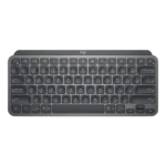 Hình ảnh render bàn phím không dây Logitech MX Keys Mini màu xám nhạt với các phím lõm và đèn nền thông minh.