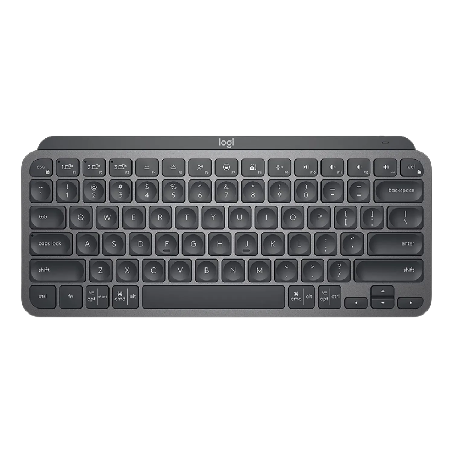 Hình ảnh render bàn phím không dây Logitech MX Keys Mini màu xám nhạt với các phím lõm và đèn nền thông minh.