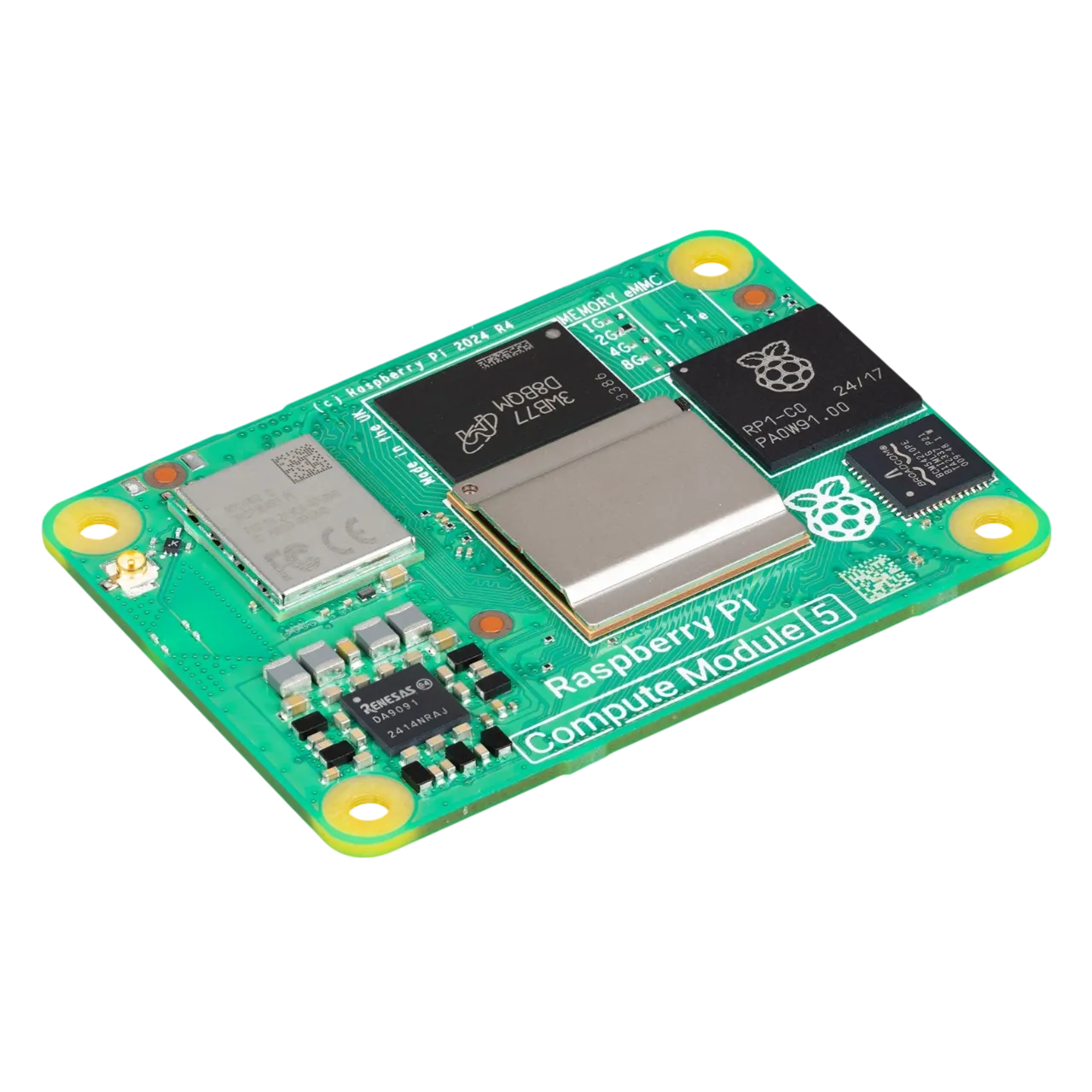 Hình ảnh render trong suốt của bo mạch Raspberry Pi Compute Module 5, một nền tảng nhỏ gọn lý tưởng để xây dựng màn hình giám sát phần cứng PC tùy chỉnh.
