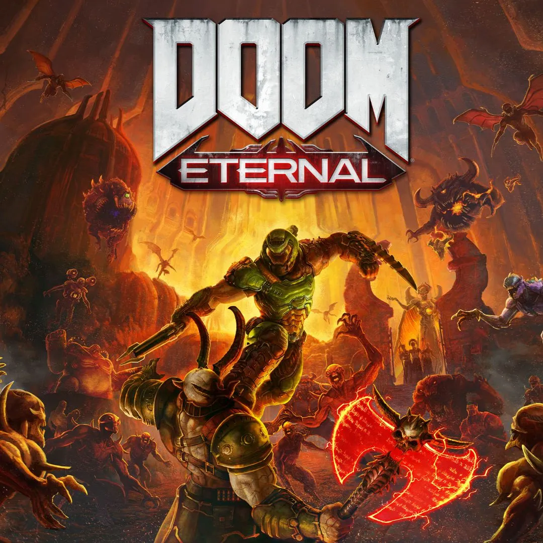 Hình ảnh sản phẩm của Doom Eternal, thể hiện tông màu rực rỡ và phong cách chiến đấu tốc độ cao, gợi nhớ đến cơ chế quản lý đạn khắt khe.