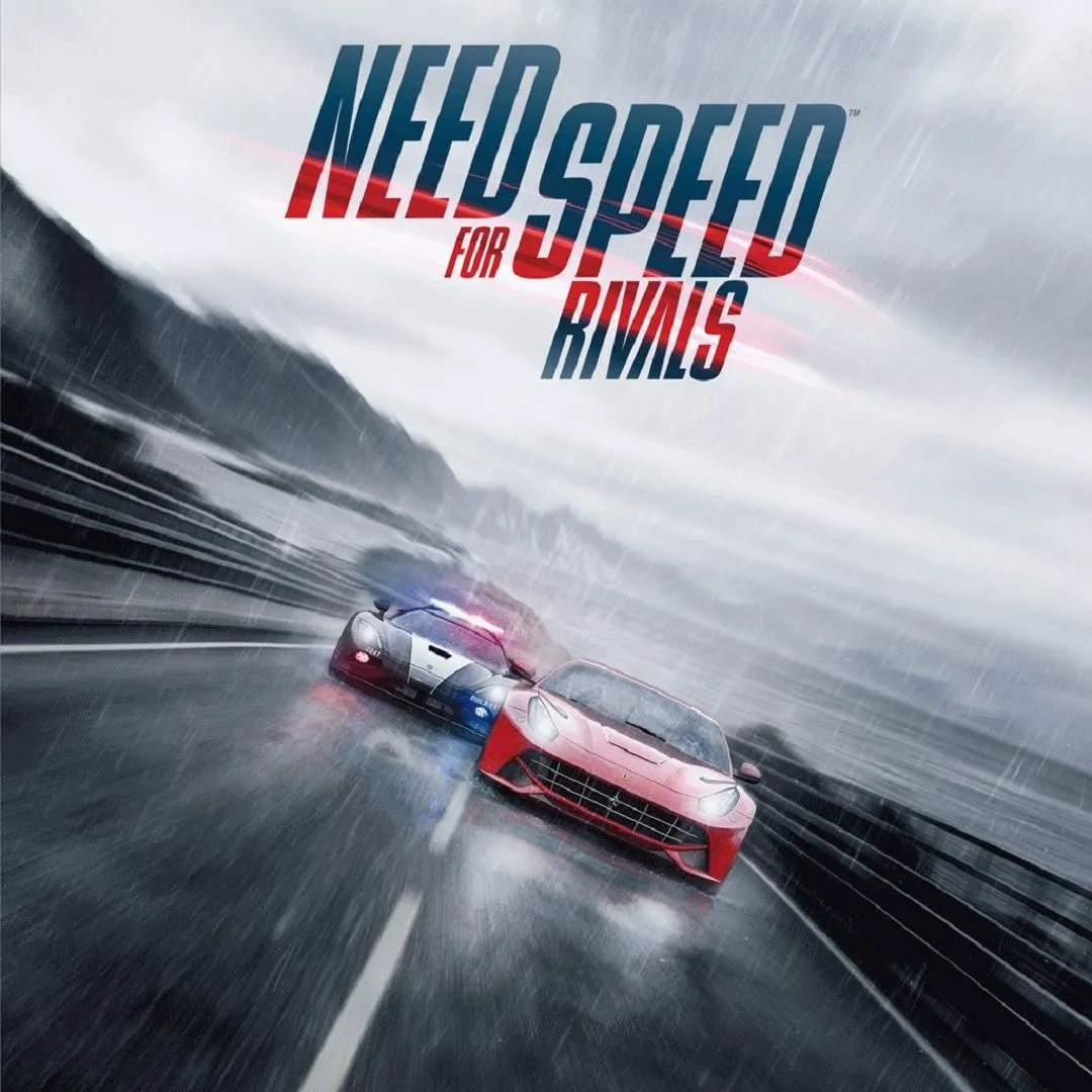 Hình ảnh sản phẩm của game Need for Speed Rivals, cho thấy hai chiếc xe đua đang đối đầu nhau trên đường cao tốc, một chiếc là siêu xe thể thao và chiếc kia là xe cảnh sát.