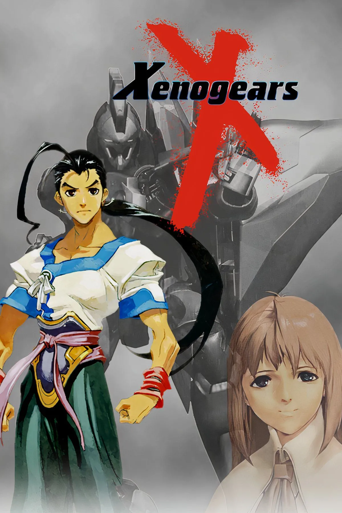 Hình ảnh tổng hợp các cảnh cắt cảnh và nhân vật chính từ tựa game JRPG kinh điển Xenogears trên PlayStation 1.