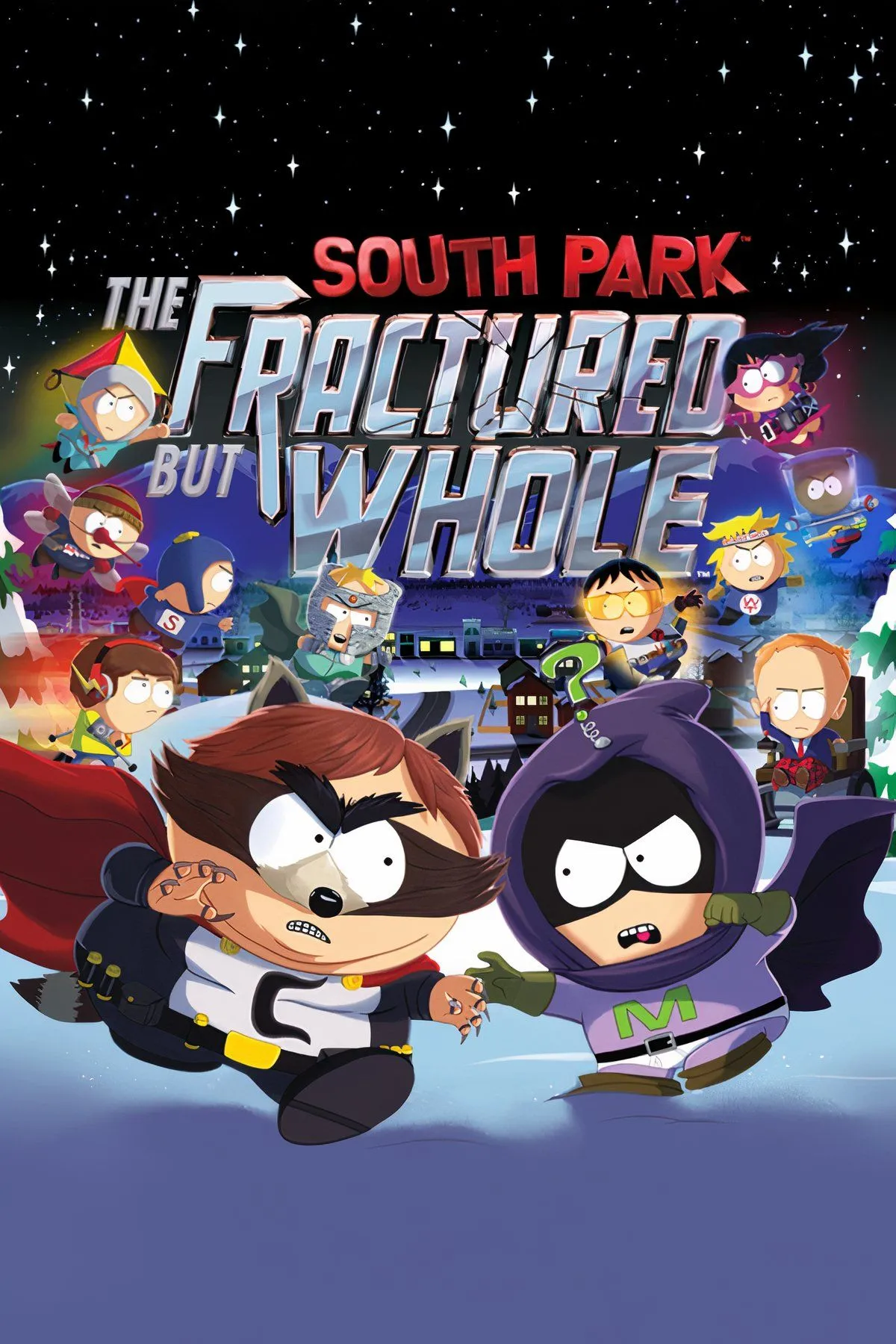 Hình ảnh tổng hợp các nhân vật siêu anh hùng và cảnh chiến đấu trong game South Park: The Fractured but Whole.